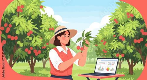 Modern farming, woman farmer monitoring data harvest using laptop in orchard
