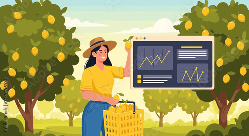 Lemon orchard business, woman farmer analyzing market data, economic trends