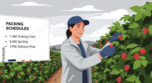 Vector illustration featuring a woman harvesting ripe raspberries on a modern farm