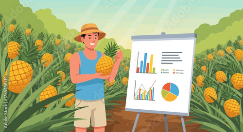 Successful pineapple farmer presenting growth statistics in his orchard field