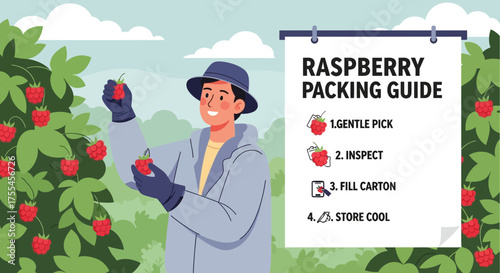 Illustration depicting a farmer harvesting raspberries, demonstrating packing guide steps
