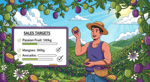 Successful farmer inspecting passion fruit yield against exceeded sales targets