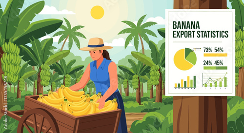 Banana harvest with analytics, a farmer collecting bananas, tropical plantation