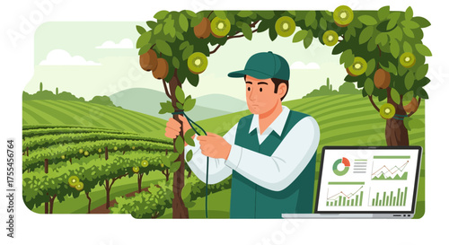 Kiwi orchard worker using digital analytics for crop yield optimization