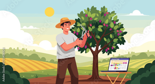 Digital farming: A modern farmer manages orchard production using a laptop