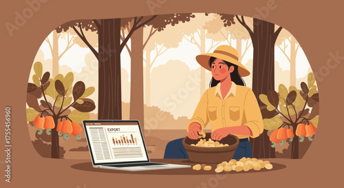 Cashew nut farming export analysis with a woman in a natural setting