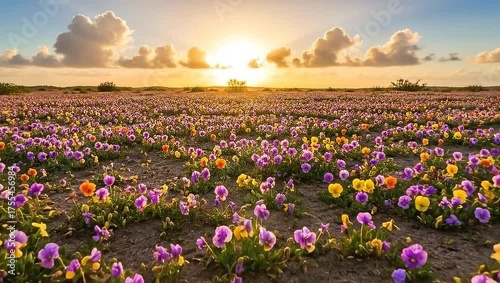 Vibrant Pansy Field at Sunset - A Beautiful Display of Natures Colors.