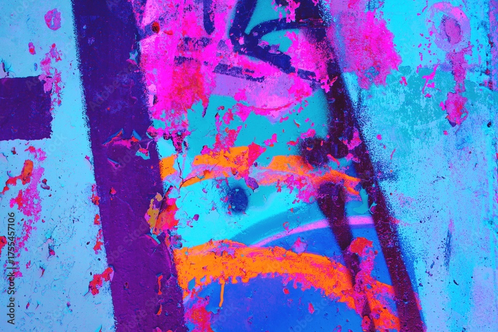Fototapeta premium Vivid graffiti art with neon pink, orange on blue background. Urban 90s, funky style, vibrant colors, expressive patterns. Street art, creative design, modern 2000s visuals, digital art.