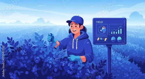 Illustration of a blueberry farm employing modern agricultural technology