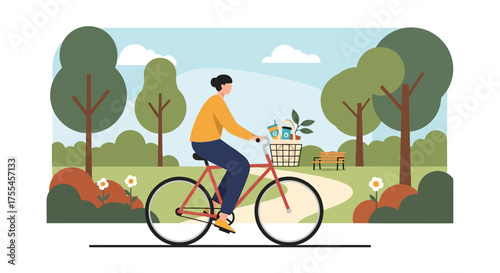 Man riding a bicycle in a beautiful city park.