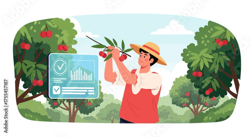 Precision Agriculture: Modern farmer with data analytics in cherry orchard