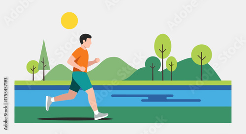 Man Running in Park Next to River.
