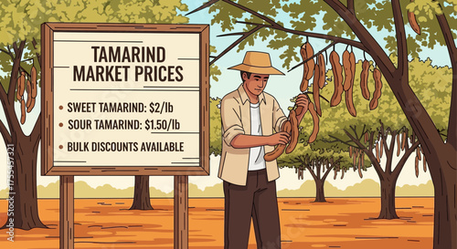 Harvest time: Farmer inspecting his tamarind harvest with market price sign