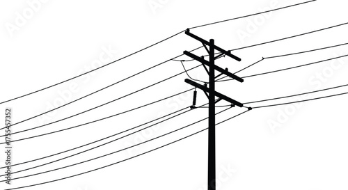 High voltage electricity pole with multiple connected power lines, black and white vector illustration of utility structure for urban electrical network design