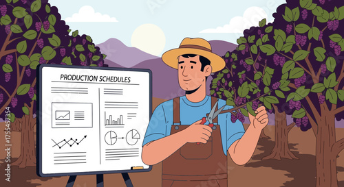 Grapevine farmer planning production schedule in vineyard using charts and graphs