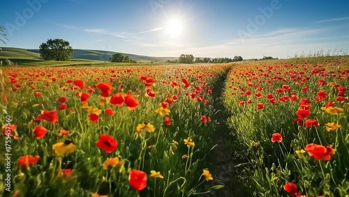 Vibrant Poppy Field at Sunset - A Serene Path Through Natures Beauty.