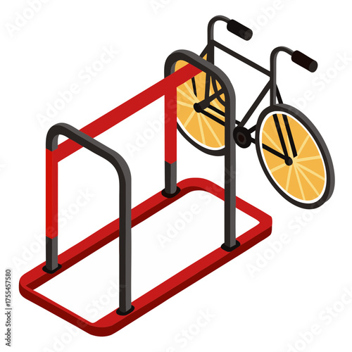 Modern isometric bicycle rack with a yellow wheeled bicycle attached