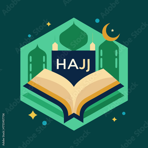 Islamic hajj pilgrimage symbolizing faith and knowledge with mosques and holy book