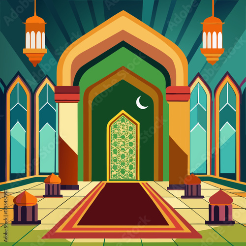 Vibrant islamic mosque interior with geometric patterns and crescent moon symbol
