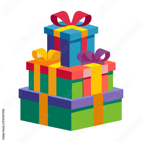 Colorful stack of wrapped gift boxes with ribbons for celebrations