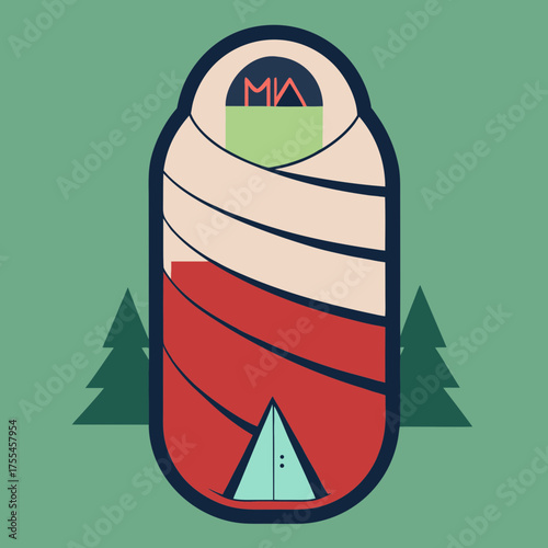 Cozy camping scene inside a stylized sleeping bag with forest elements