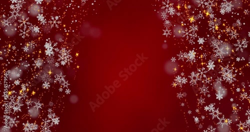 Captivating Looping Animation of Snowflakes Gently Falling Against a Rich Red Background, Creating a Magical Winter Wonderland Atmosphere