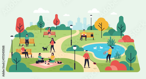 People enjoying various activities in a vibrant city park.