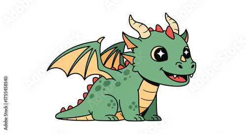 A cute green baby dragon with yellow wings is smiling widely with its mouth open and starry eyes.