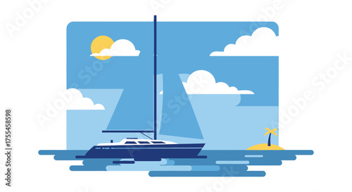 Sailing Yacht on a Tropical Island with Palm Tree and Sun.