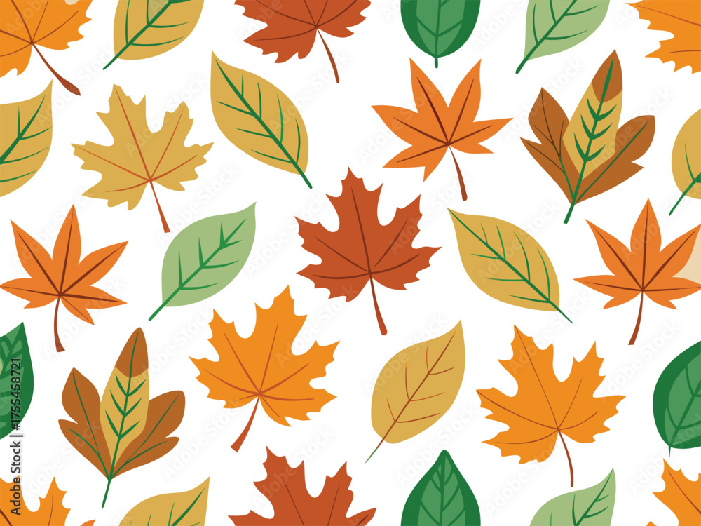 Obraz premium Autumn leaves pattern with maple and oak leaves in warm colors on white background