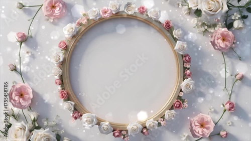 Elegant floral frame adorned with white and pink roses perfect for wedding invitations and event designs.