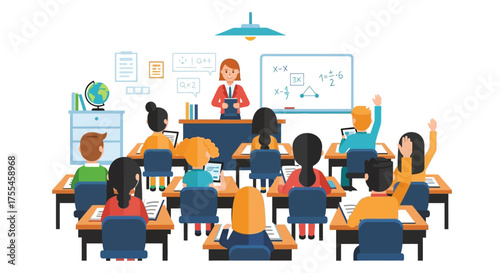 Students learning in classroom with teacher at front.