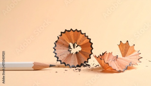 White wooden pencil with sharpener shavings and graphite dust on a beige background.
