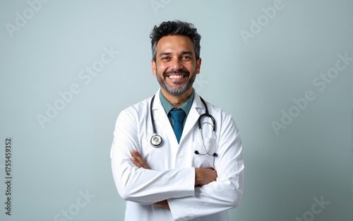 Adult hispanic doctor or surgeon man over isolated background happy face smiling with crossed arms looking at the camera. Positive person. High quality