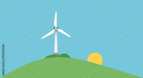 Wind turbine on a green hill at sunrise.