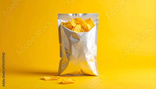 A shiny silver foil bag filled with potato chips snack food stands on a vibrant yellow background.
