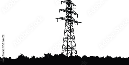 High voltage electricity transmission tower silhouette with power lines above forest trees, industrial energy structure vector illustration for electrical grid and infrastructure design