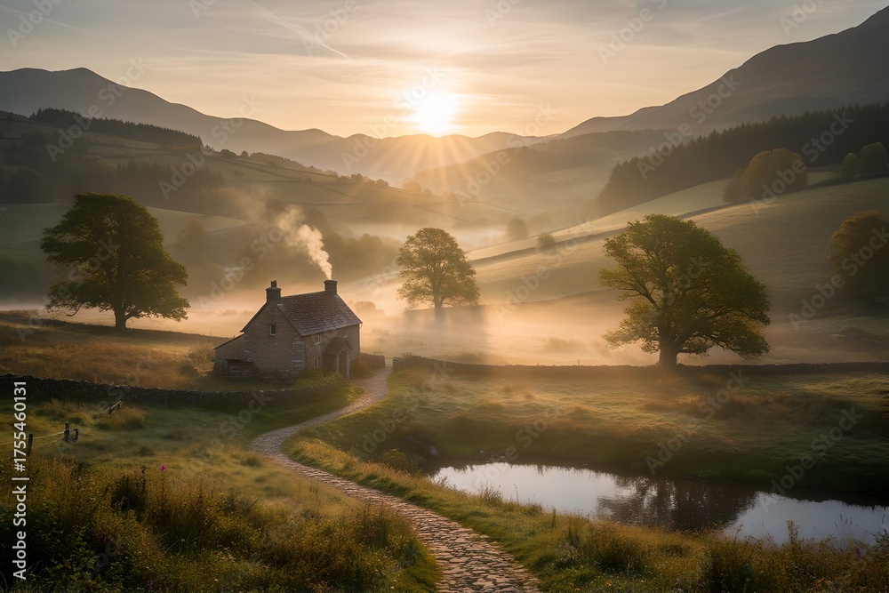Fototapeta premium Smoke from the chimney of a village house against the backdrop of a golden sunrise on a foggy morning