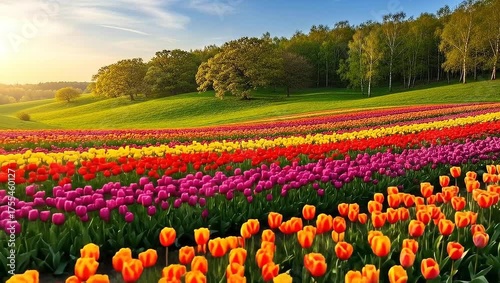 Vibrant Tulip Fields Bloom Under Golden Sunset in Picturesque Landscape.