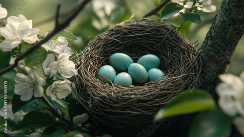 A nest of three blue eggs sits among the leaves and white blossoms of a tree. AI.