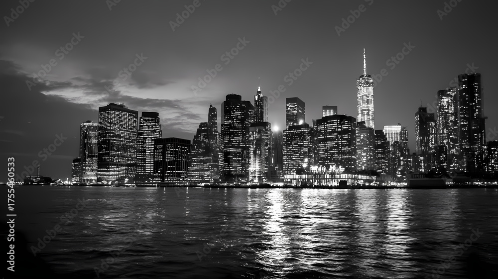 Fototapeta premium A mesmerizing black and white shot of a city skyline at dusk, with the lights of the buildings reflected in the calm water. The composition highlights the urban landscape's grandeur and serenity