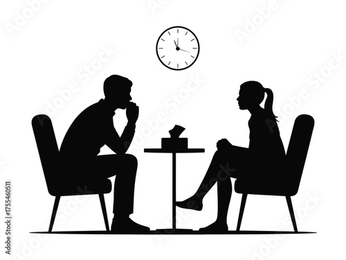 Black silhouettes of people in therapy session with clock counseling