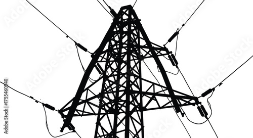 High voltage electricity transmission tower silhouette with power lines, vector illustration of industrial energy infrastructure, electric power grid and distribution network.