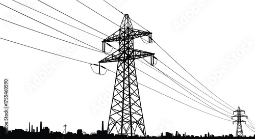 High voltage electricity transmission tower silhouette, industrial city skyline background, power line structure, energy distribution network, electrical infrastructure vector illustration design