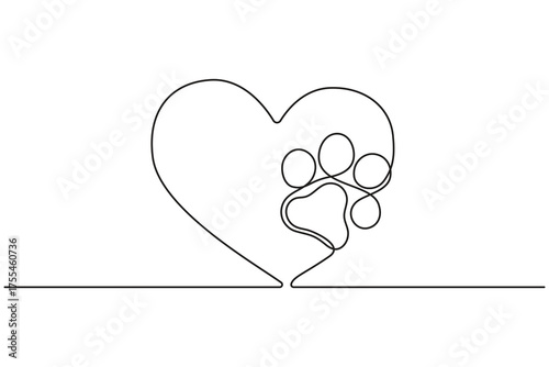 Cute pet paw outline with heart shape in continuous line drawing