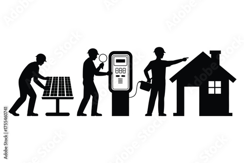 Black silhouettes of people inspecting solar panels and a house meter