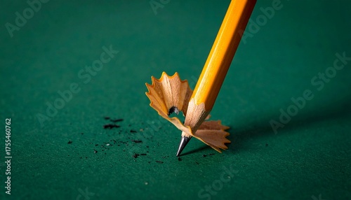 A sharp yellow pencil point with wood shavings on a green surface.