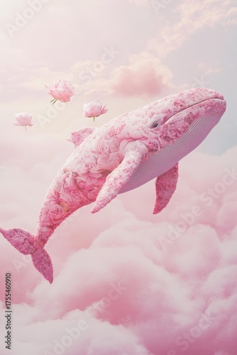 Wallpaper Mural Whale is covered in pink flowers, floating in pink clouds against a blue sky. AI. Torontodigital.ca