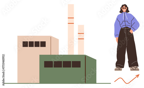 Factory with chimneys beside a casually dressed individual. Ideal for industry, growth, fashion, urbanization, modernization, minimalism, sustainability. Simple flat metaphor