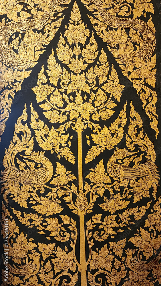 custom made wallpaper toronto digitalTraditional Thai floral pattern with intricate gold leaf design on black background, featuring stylized flowers and mythical bird motifs in elegant symmetrical arrangement